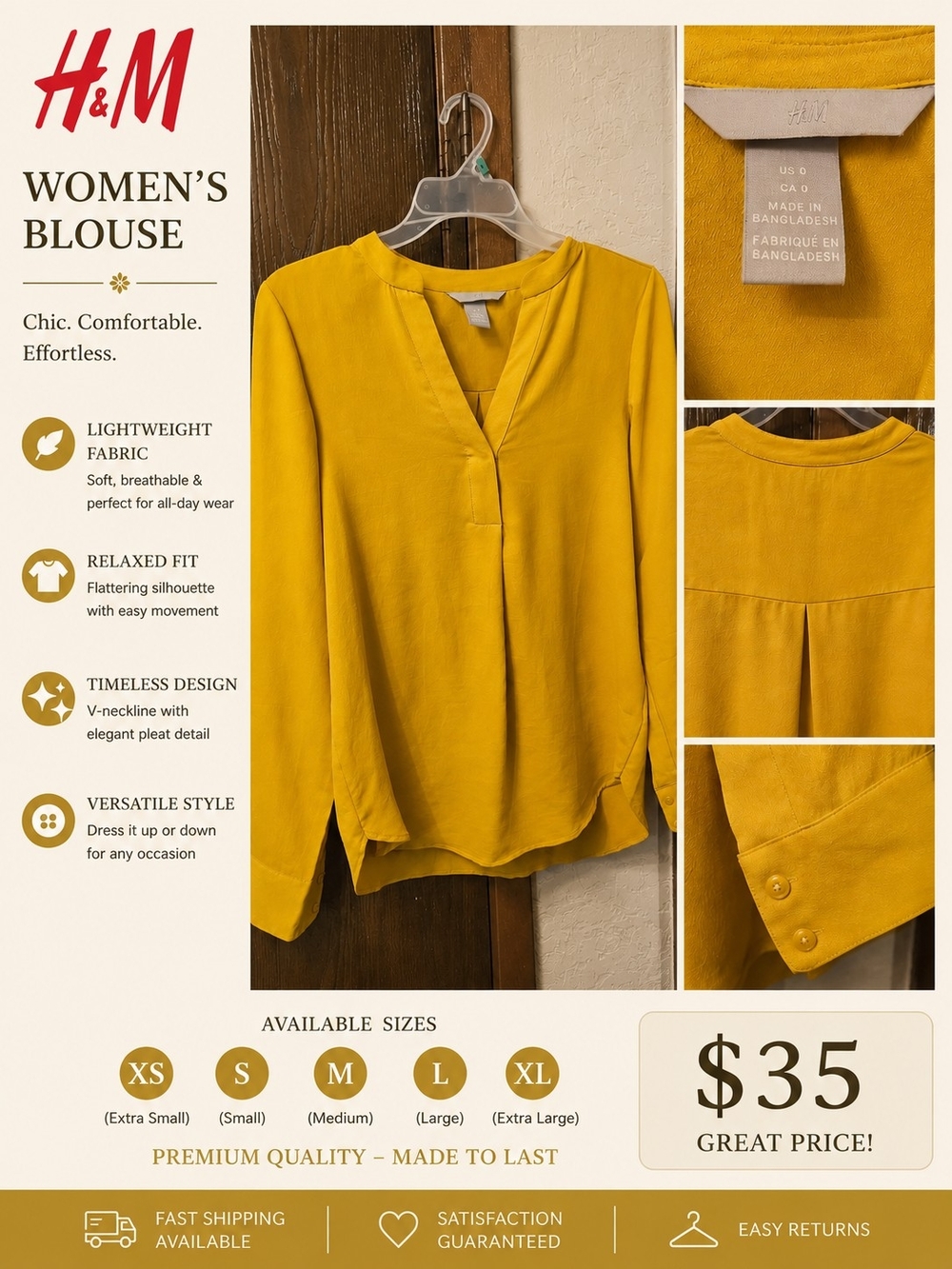 H&M Mustard Yellow V-Neck Long-Sleeve Blouse
